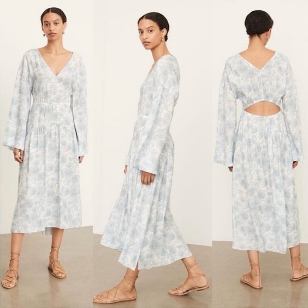 Vince NWT Dahlia Long Sleeve Double V-Neck Midi Dress Size S Cinched Waist Blue